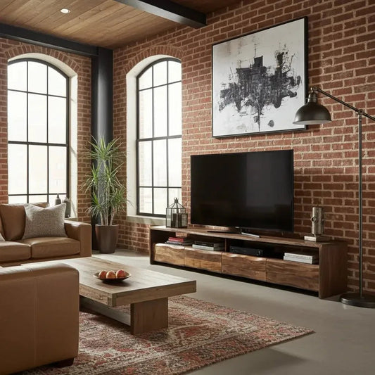 Meuble télé en bois d'Acacia Live Edge (Walnut) avec 4 tiroirs