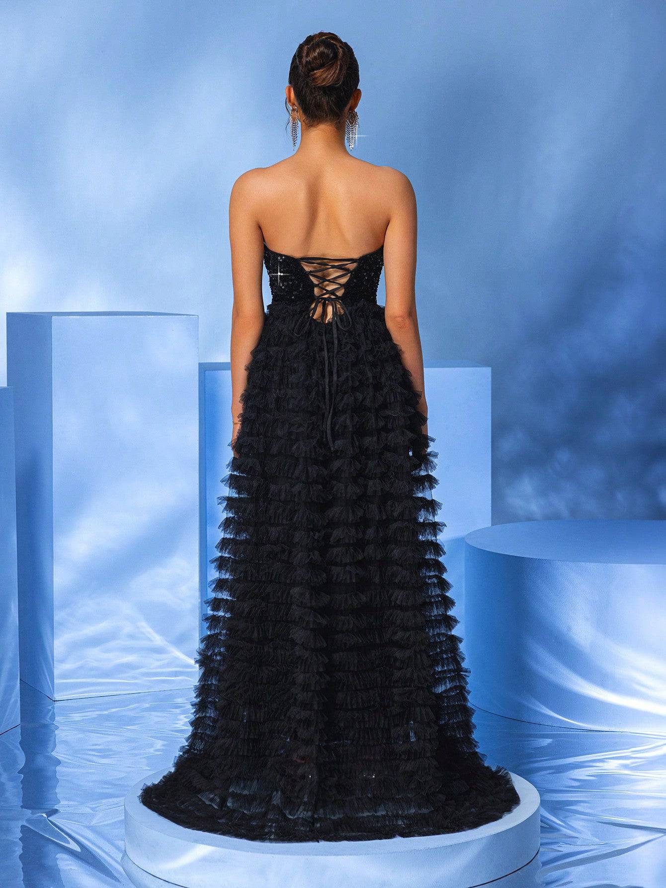 Strapless Black Sequin Ball Gown with Layered Tulle Ruffle Skirt β Luxe Prom & Gala Dress