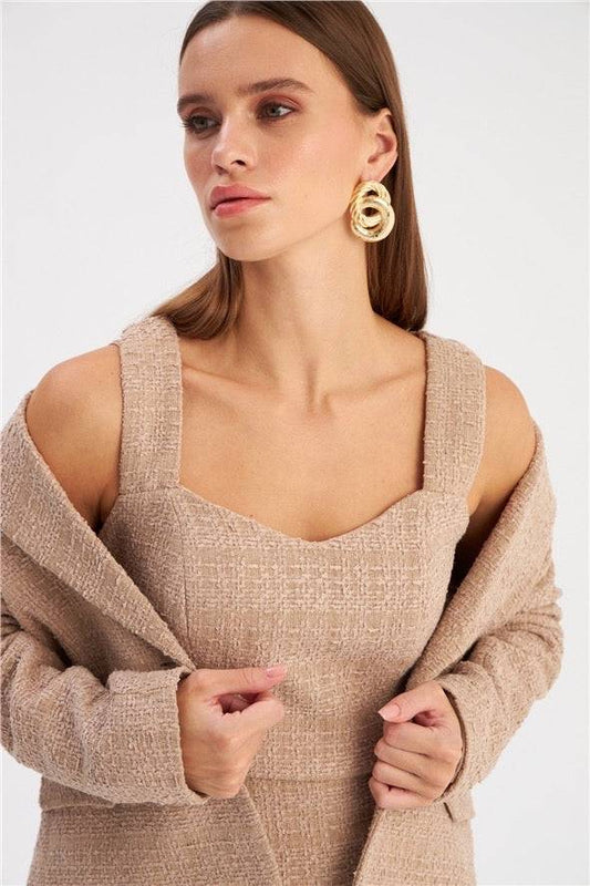 Strap Tweed Crop Blouse - Beige