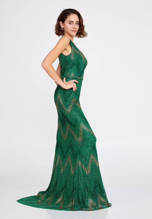 One Shoulder Beaded Maxi Tulle Mermaid Evening Gown - Emerald green