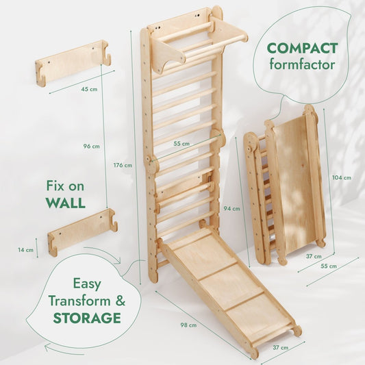 3in1: Wooden Swedish Wall / Climbing ladder for Children + Swing Set + Slide Board