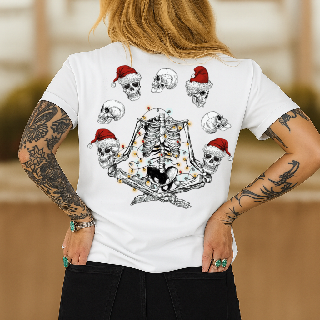 Crewneck Hoody Gothic Christmas Skeleton Sweatshirt – Skulls with Santa Hats & Holiday Lights