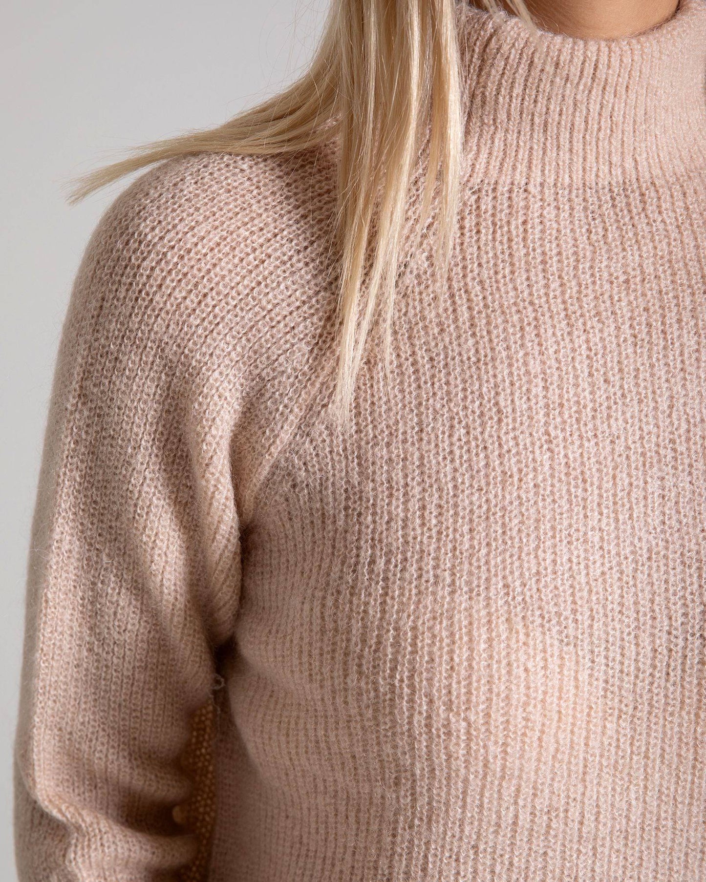 Turtleneck Long Sleeve Mohair Sweater - Beige