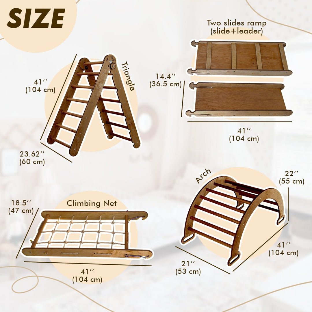 4in1 Montessori Climbing Set: Triangle Ladder + Arch/Rocker + Slide Board/Ramp + Net β Chocolate