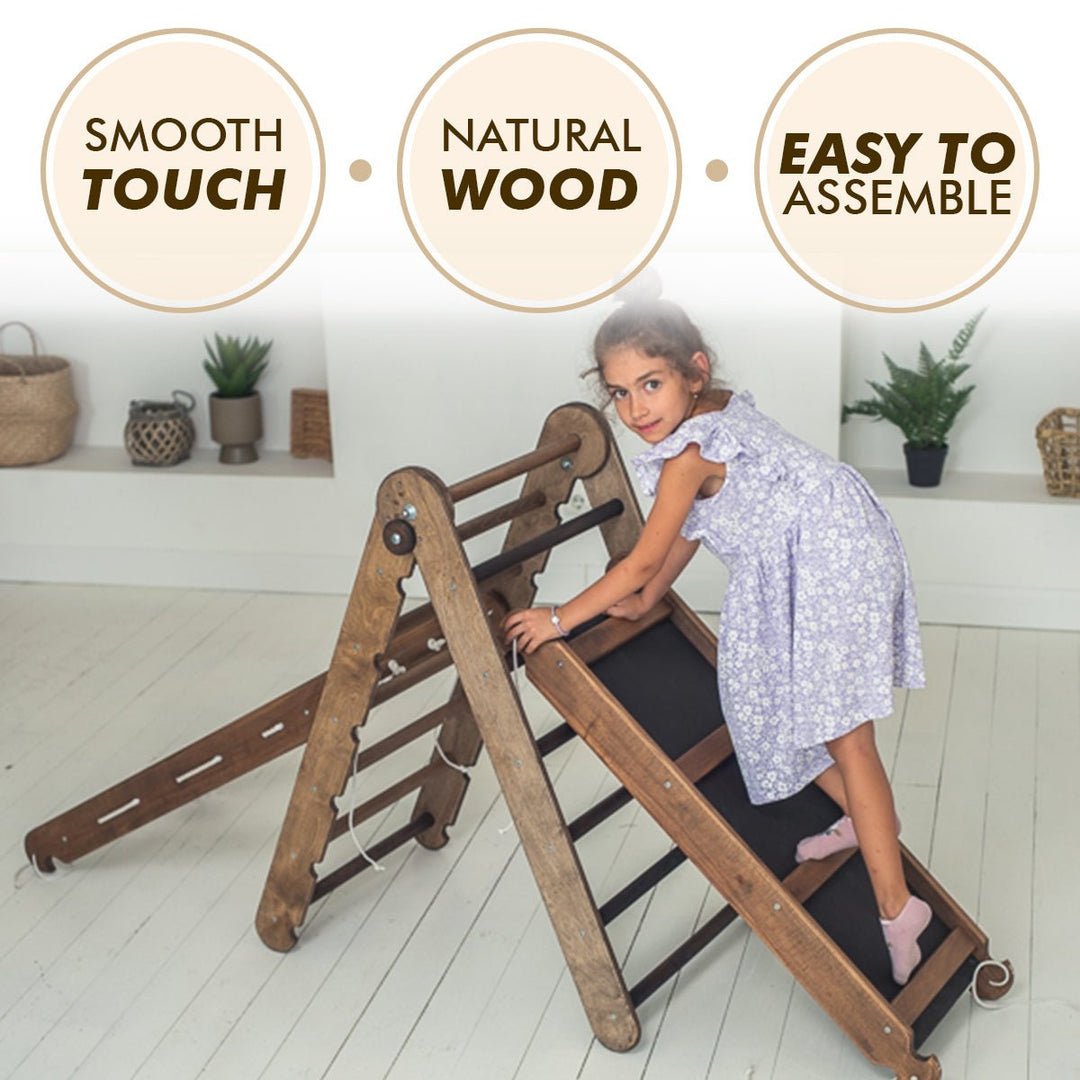 4in1 Montessori Climbing Set: Triangle Ladder + Arch/Rocker + Slide Board/Ramp + Net β Chocolate