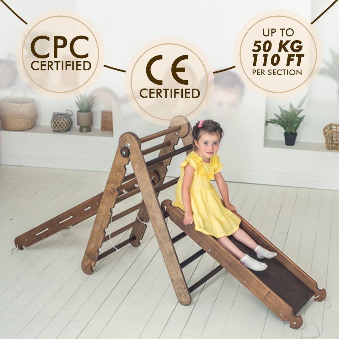 4in1 Montessori Climbing Set: Triangle Ladder + Arch/Rocker + Slide Board/Ramp + Net β Chocolate