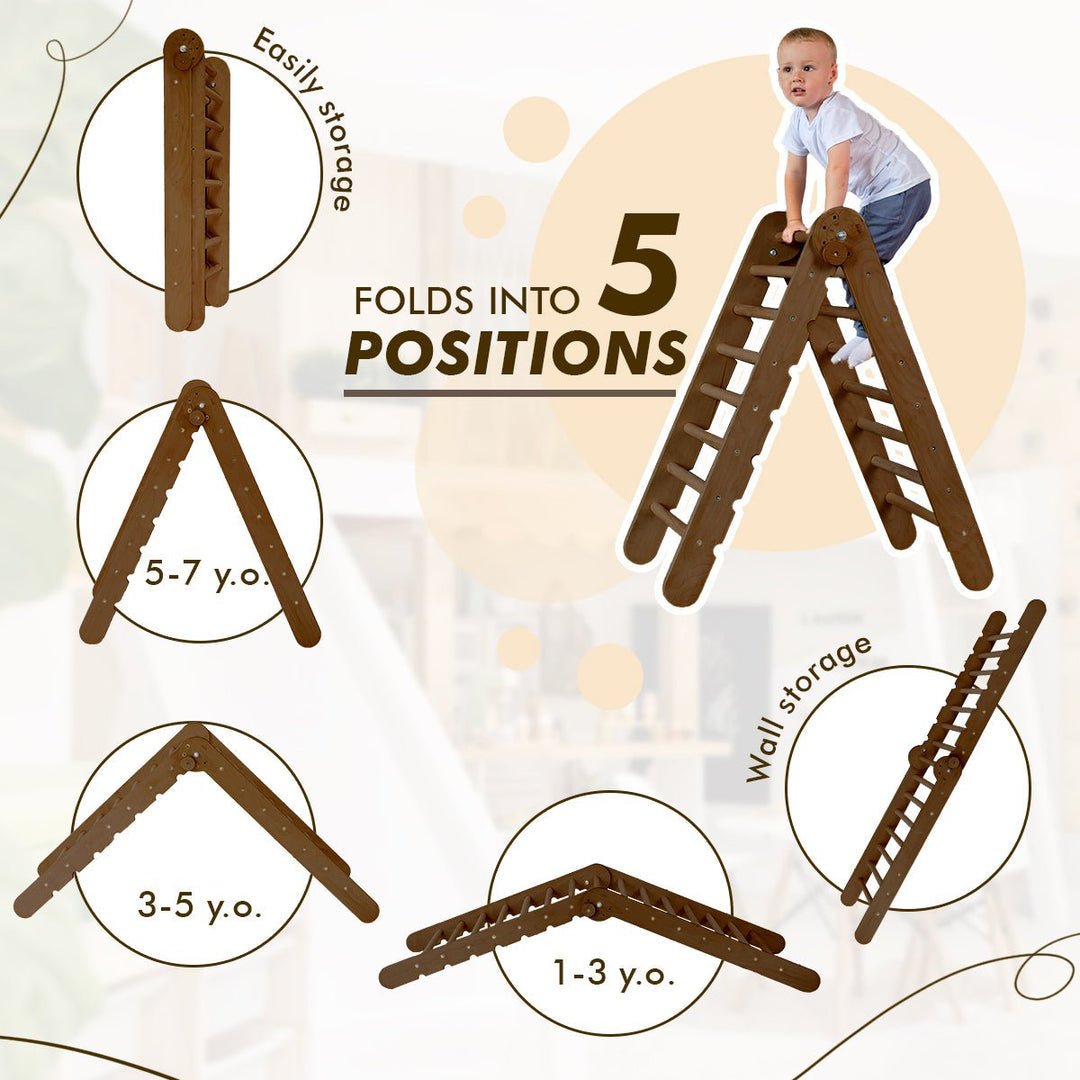 4in1 Montessori Climbing Set: Triangle Ladder + Arch/Rocker + Slide Board/Ramp + Net β Chocolate