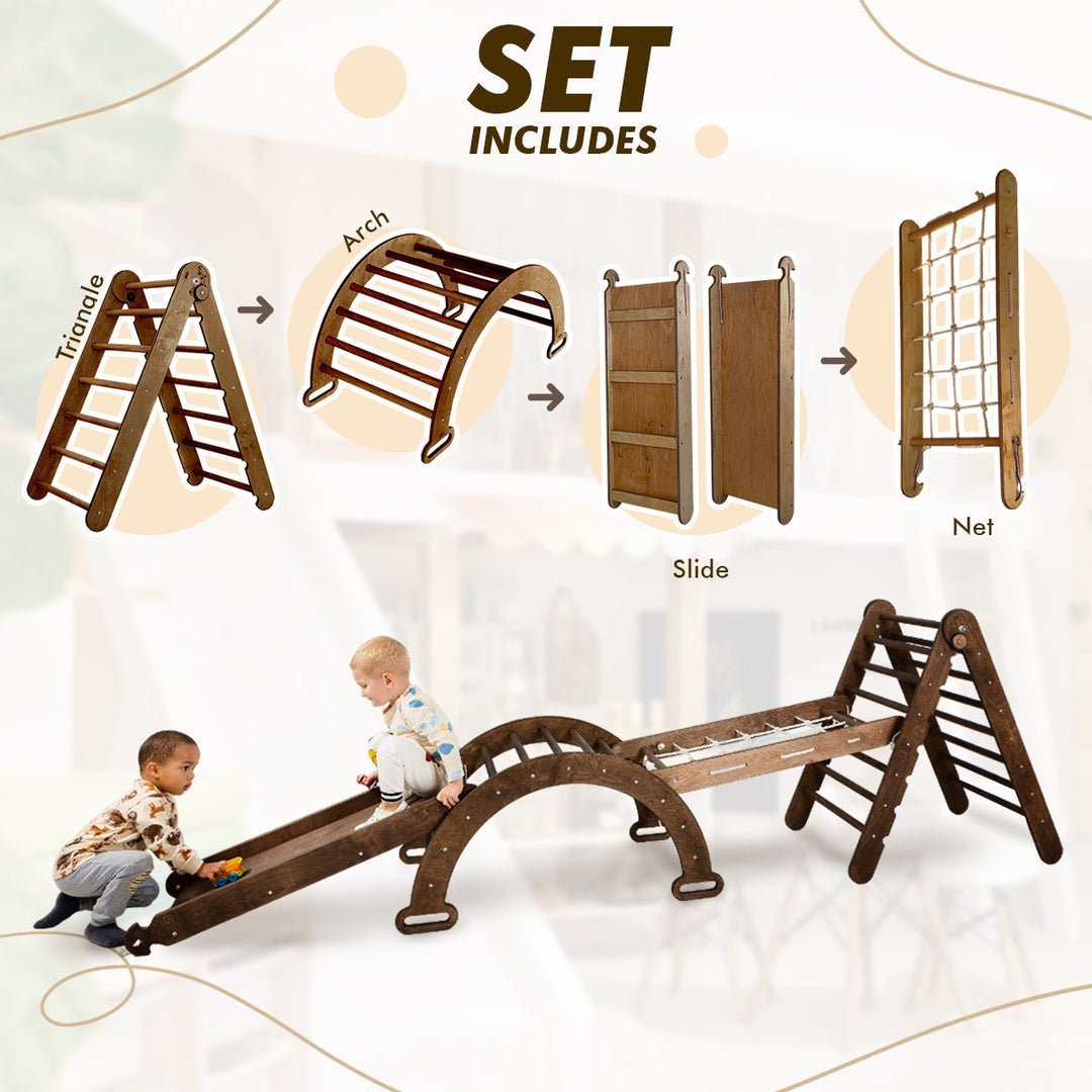 4in1 Montessori Climbing Set: Triangle Ladder + Arch/Rocker + Slide Board/Ramp + Net β Chocolate