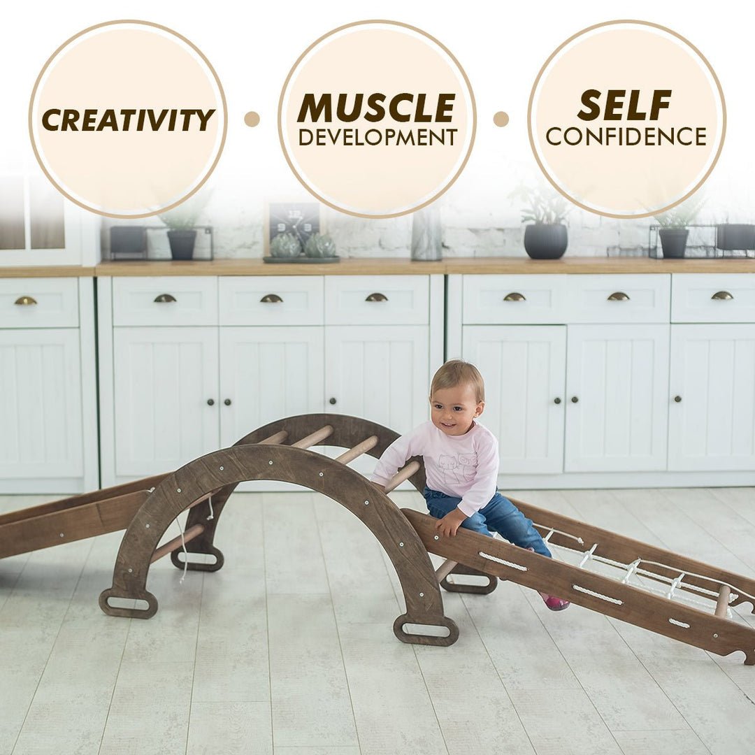 4in1 Montessori Climbing Set: Triangle Ladder + Arch/Rocker + Slide Board/Ramp + Net β Chocolate