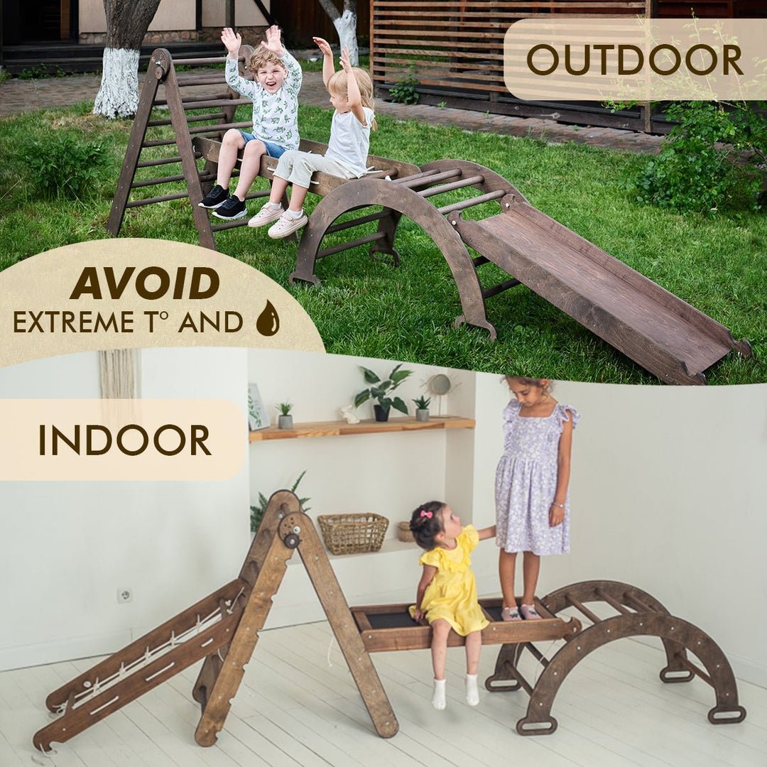 4in1 Montessori Climbing Set: Triangle Ladder + Arch/Rocker + Slide Board/Ramp + Net β Chocolate