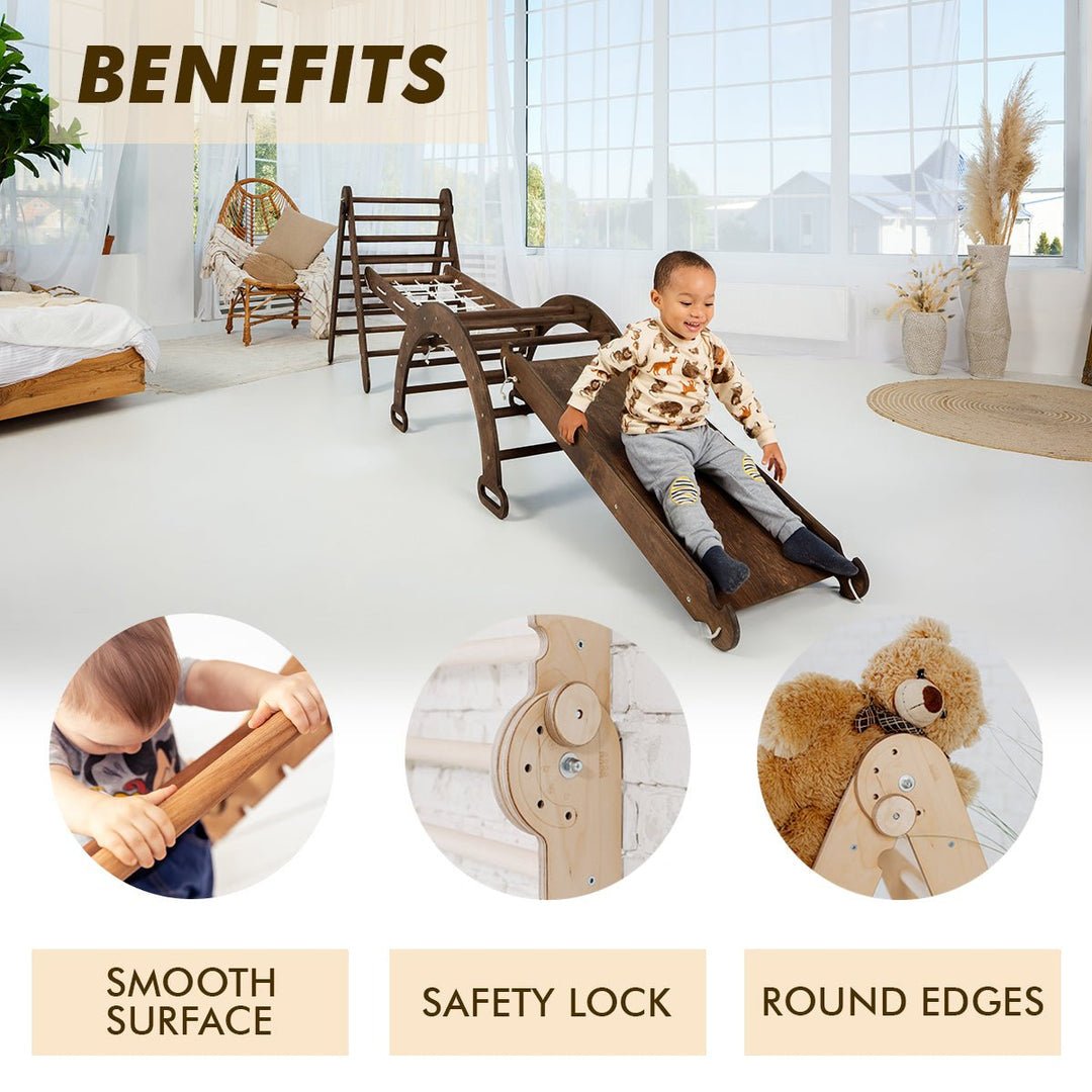 4in1 Montessori Climbing Set: Triangle Ladder + Arch/Rocker + Slide Board/Ramp + Net β Chocolate