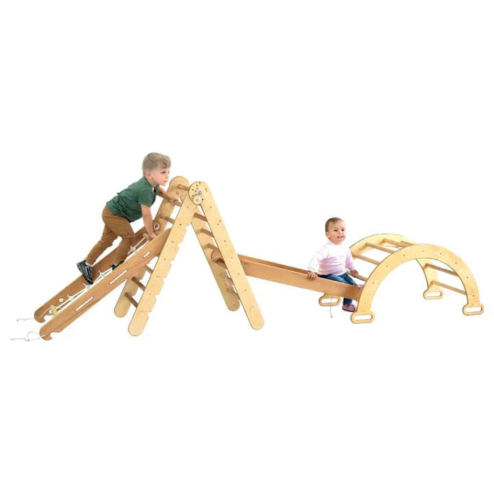 4in1 Montessori Climbing Set: Triangle Ladder + Arch/Rocker + Slide Board/Ramp + Net β Chocolate