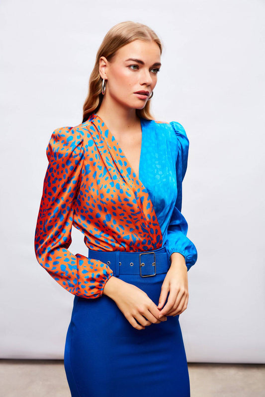 Silk Double-Breasted Patterned Bodysuit - Blue and Orange