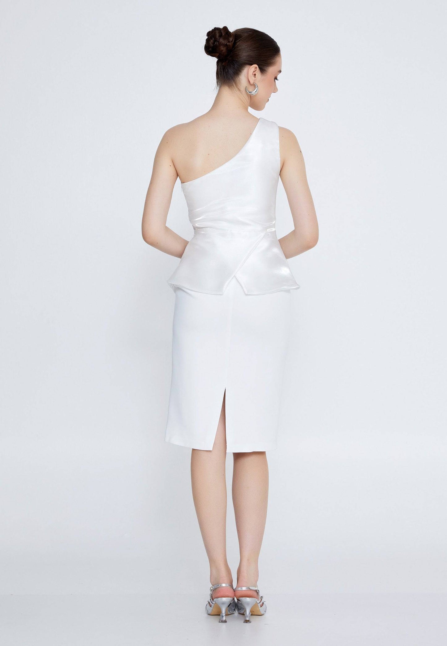 One Shoulder Midi Evening Dress - White