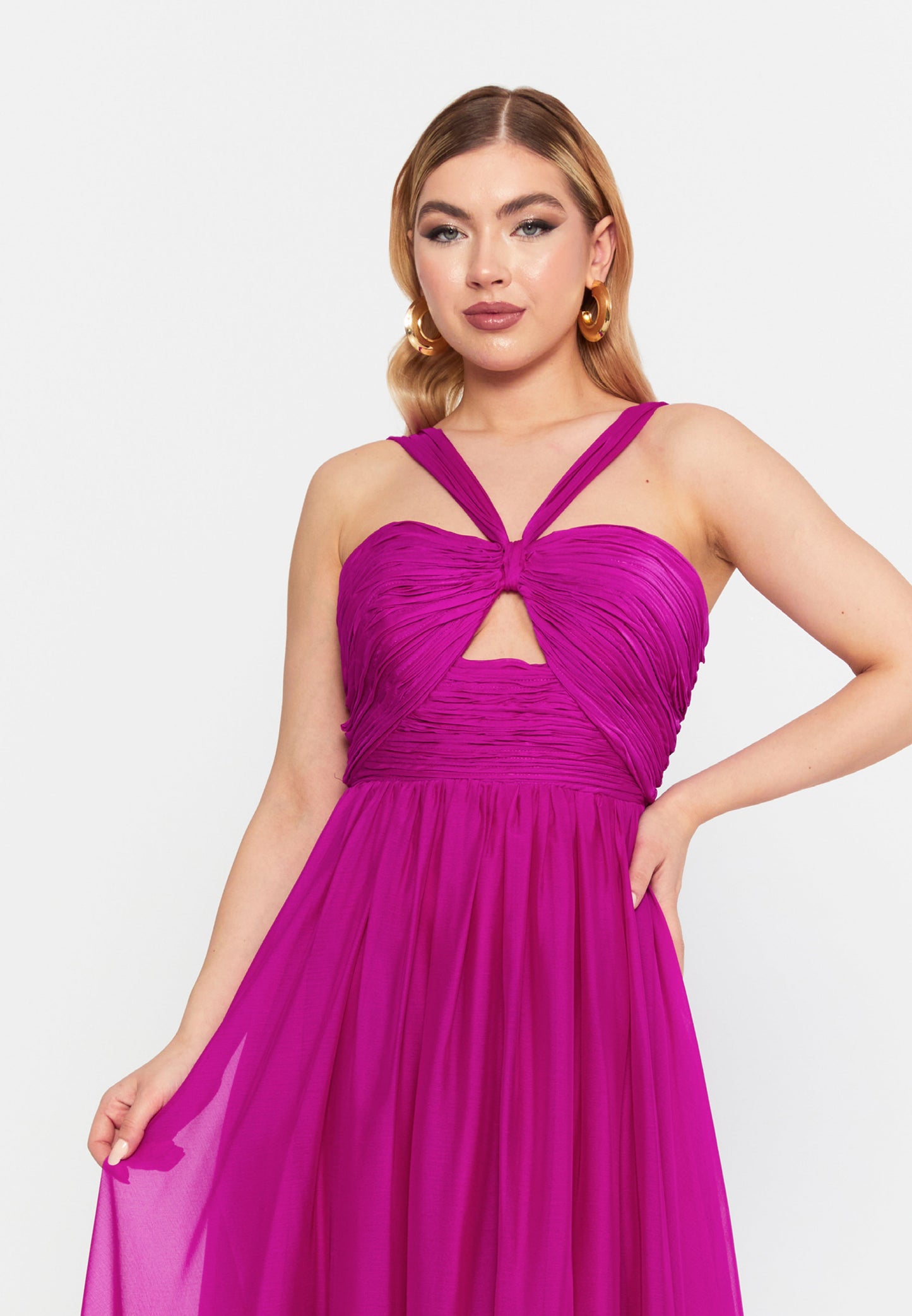 Fuchsia Plus Size Crisscross Chiffon Maxi Dress with Keyhole Front