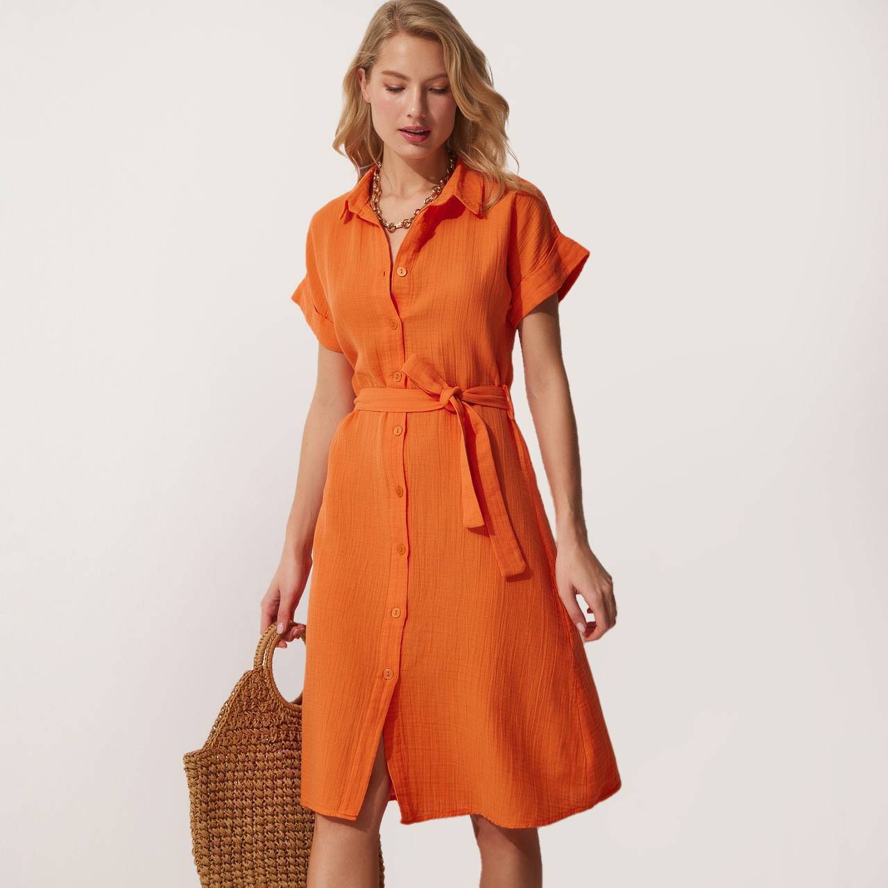 Bottun Down Short Folded Sleeve Dress Shirt - Orange