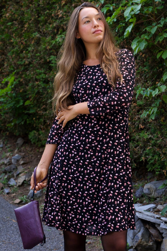 Daisie Black Fit & Flare Mesh Dress Pink Floral Print