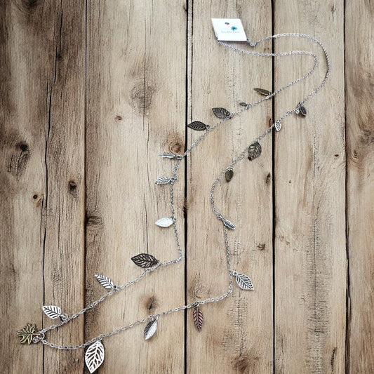 Waterfall Leaf Necklace – Long Layering Chain with Cascading Silver & Mixed Metal Leaves