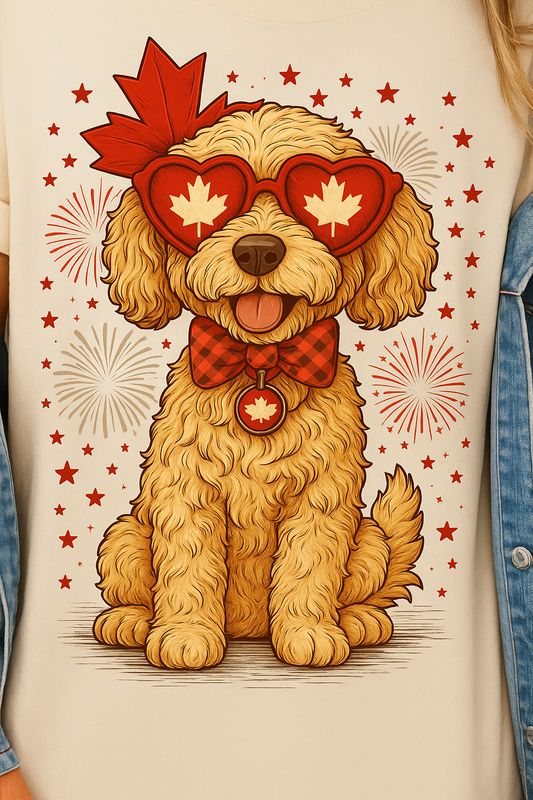 DTF Transfer Canada Day Pup – Maple Leaf Fireworks Dog Design