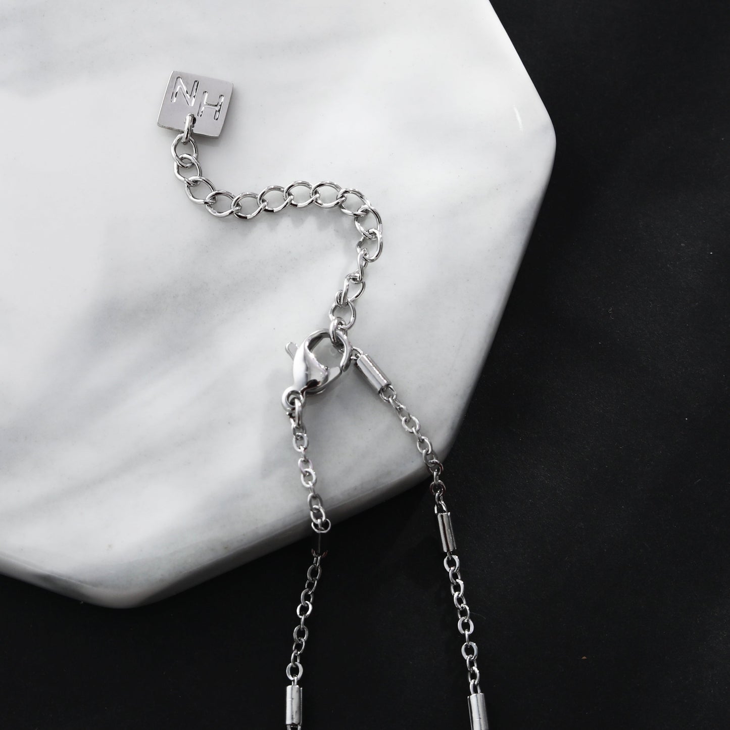 ABENI Tube Bead Chain Necklace with a Pavé Zirconia Pad Lock Pendant in Silver