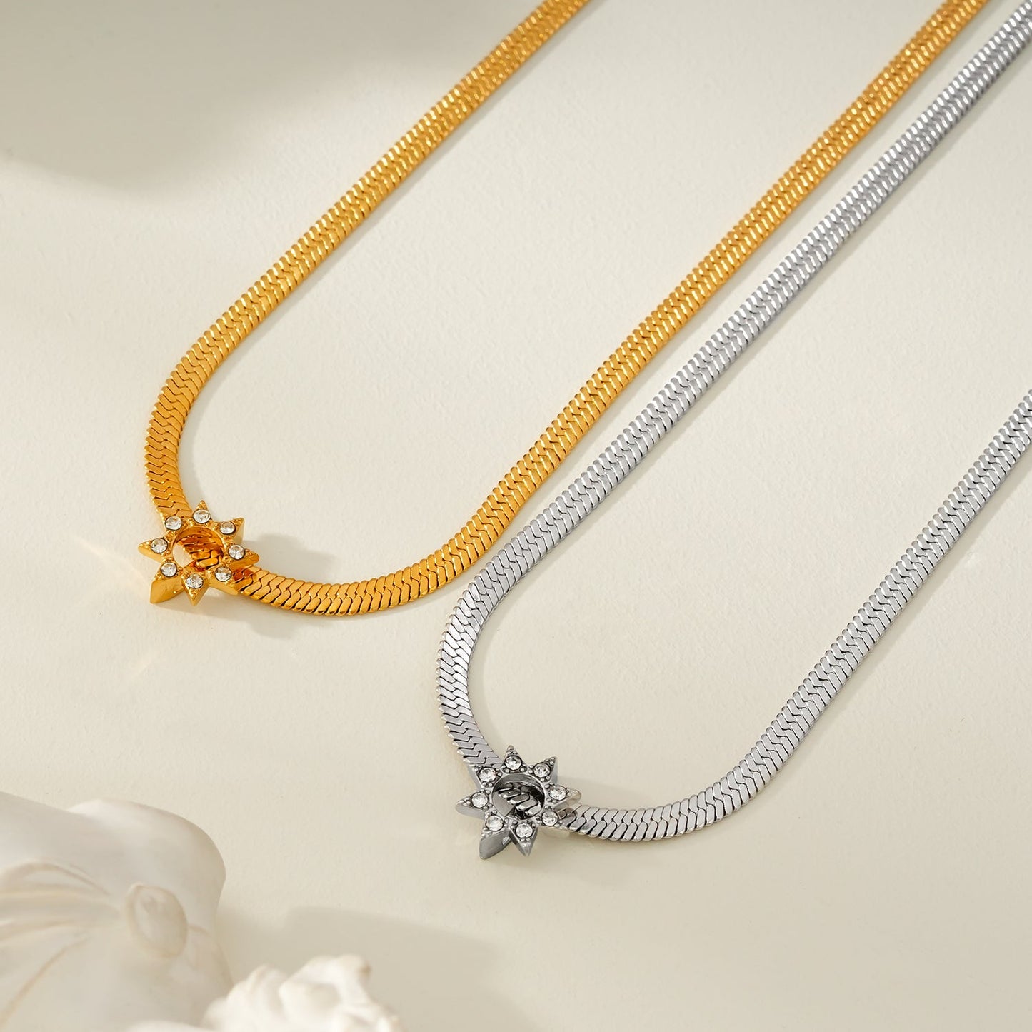 AGULHAS White Gold (Silver Toned): Celestial Elegance - Snake Skin Chain Necklace with Zirconia Embedded Star Charm