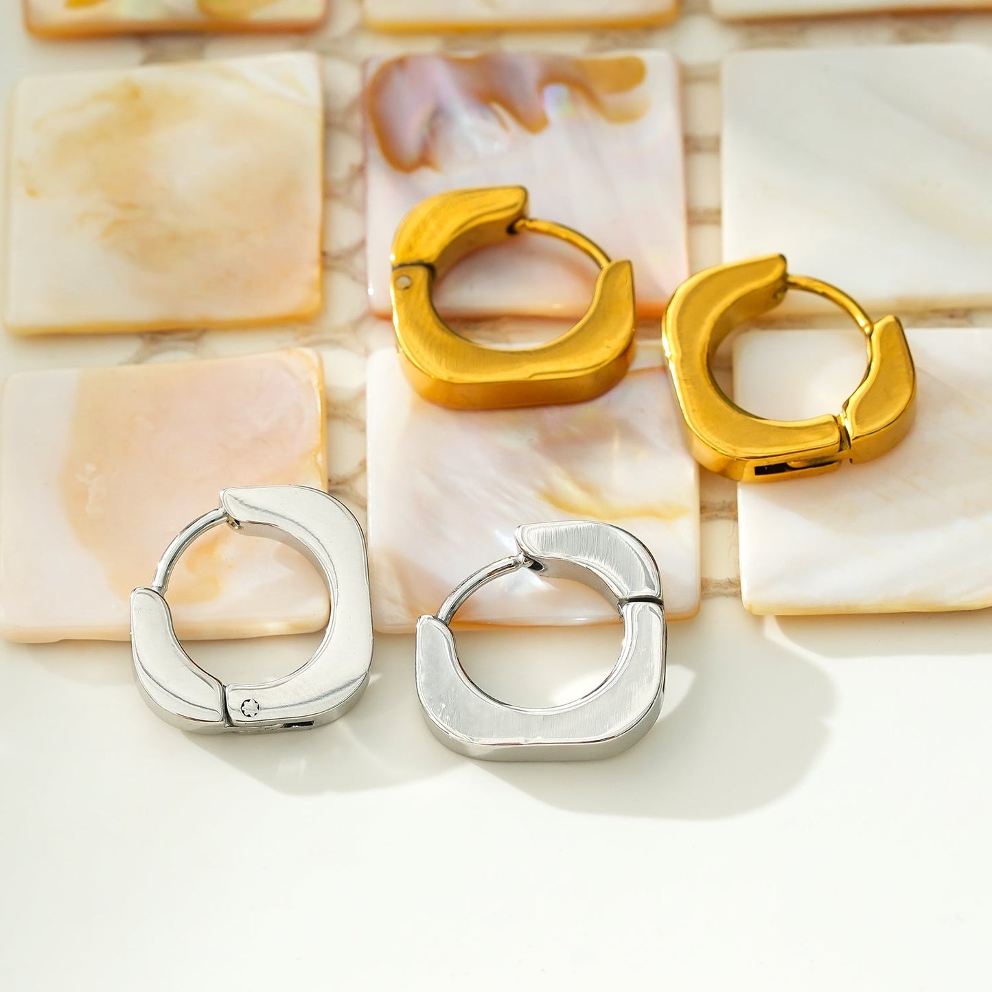 AIRA White Gold (Silver Toned): Industrial Chic-Tiny Rounded Squared Hoop Earrings