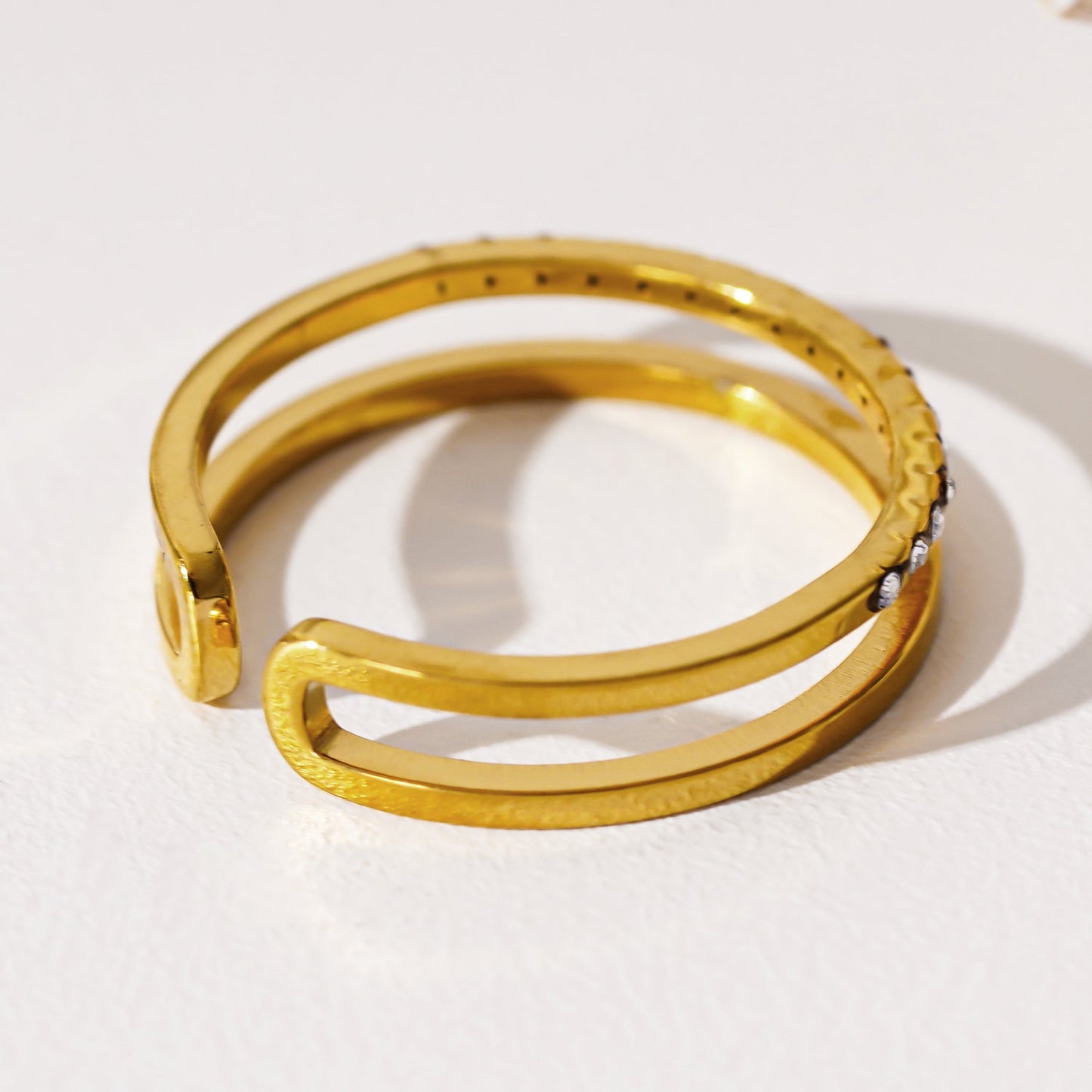 AIZA: Twin Banded Ring with Pavé Zirconia & Smooth Finish Contrasting Surfaces