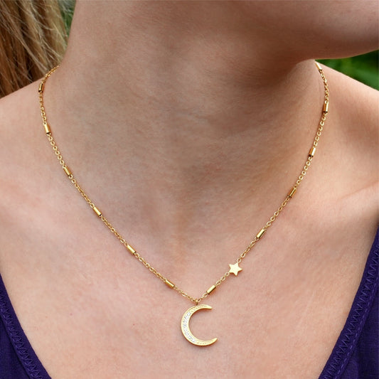 ALMERIA Gold: Celestial Magic - Zirconia Embedded Crescent Moon and Star Necklace