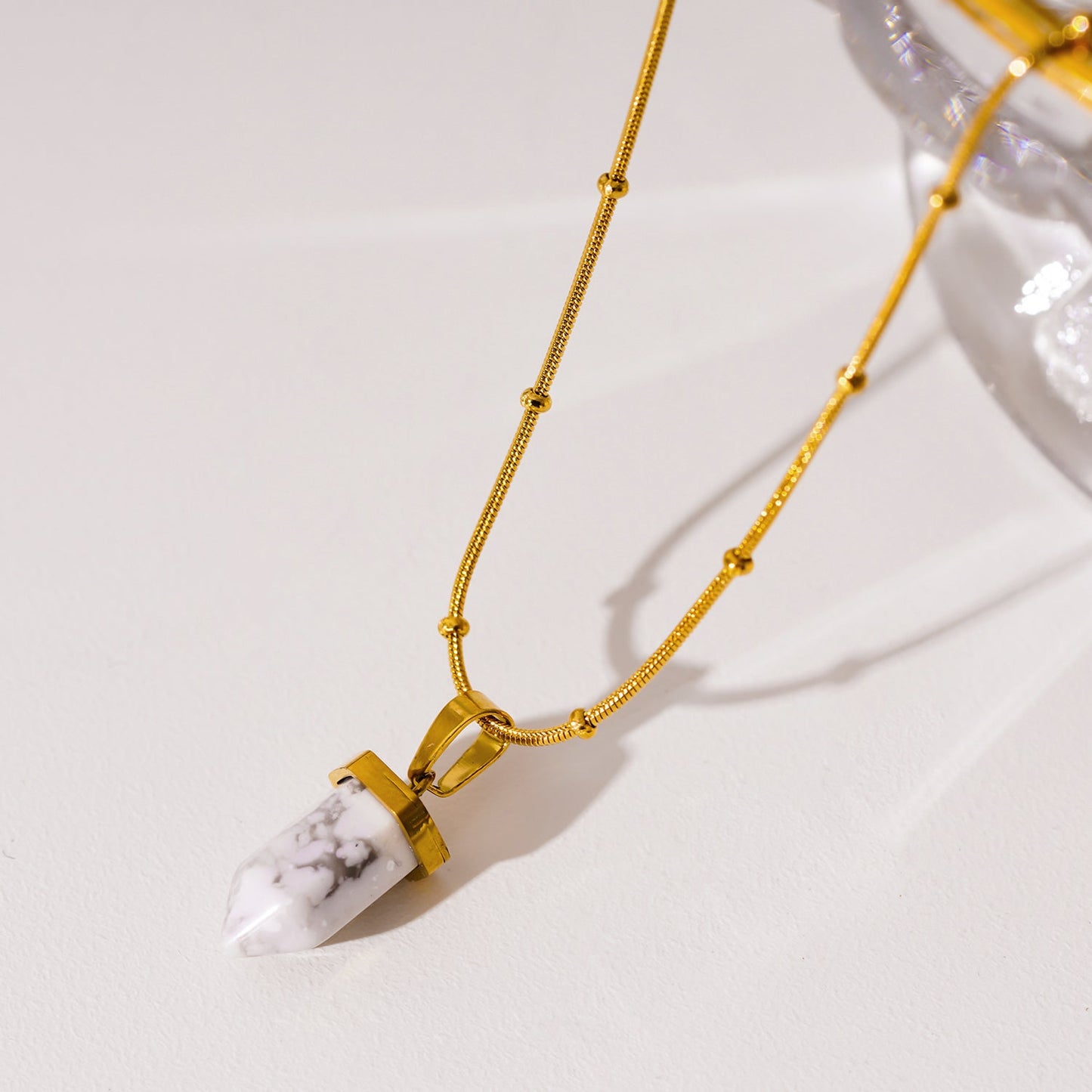AMELIE: White Turquoise Stone Pendant Anchored on a Beaded Snake Skin Textured Chain Necklace