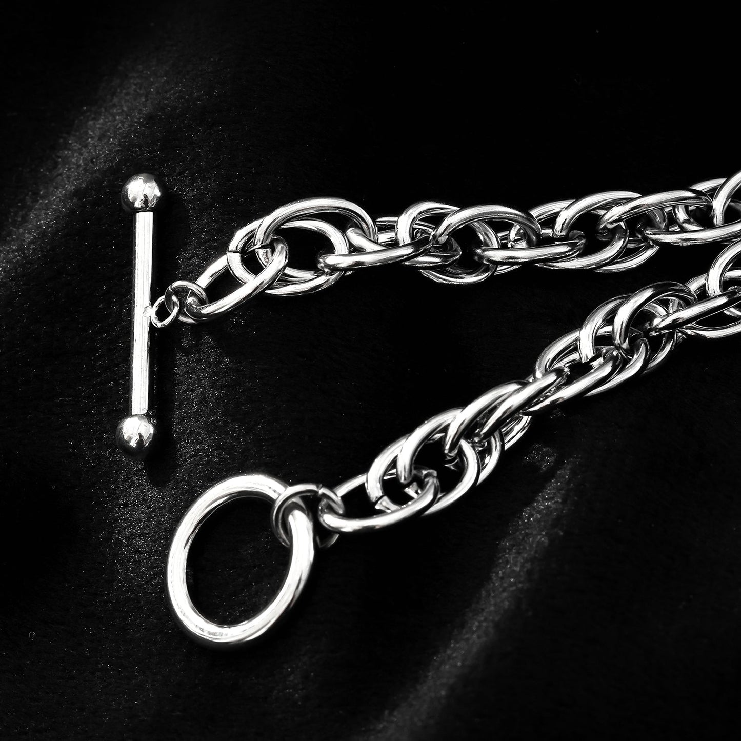 ARDA Silver Toned White Gold: Chunky Intricate Multi-Link Bracelet with Circle & T-Stopper