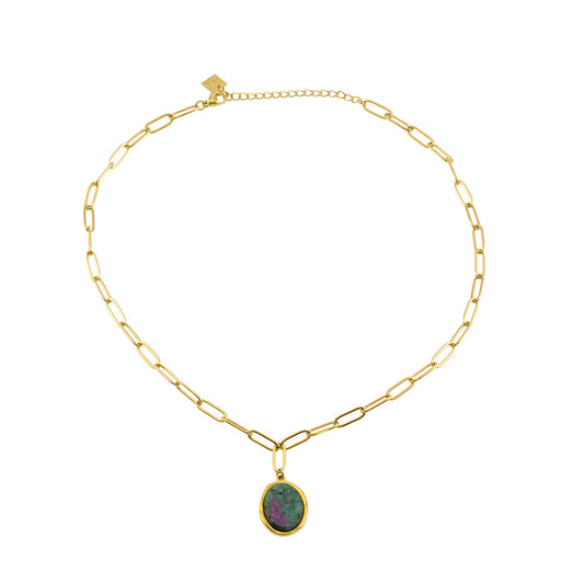 ASAMI: Contemporary Paperclip Chain anchoring a Ruby Zoisite Oval Pendant