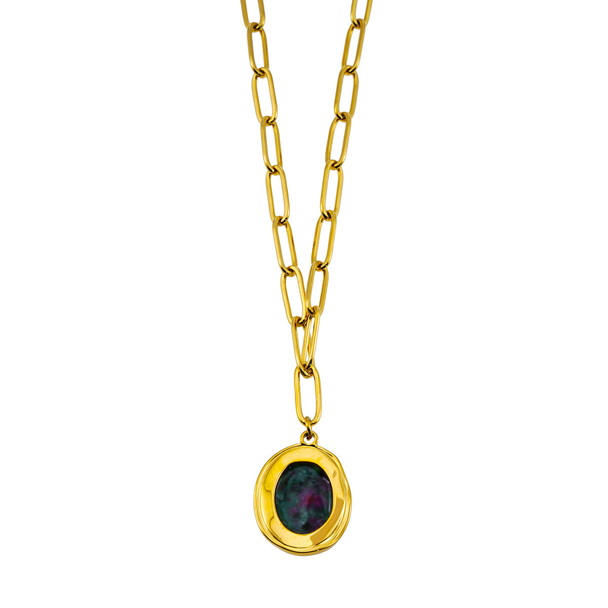 ASAMI: Contemporary Paperclip Chain anchoring a Ruby Zoisite Oval Pendant