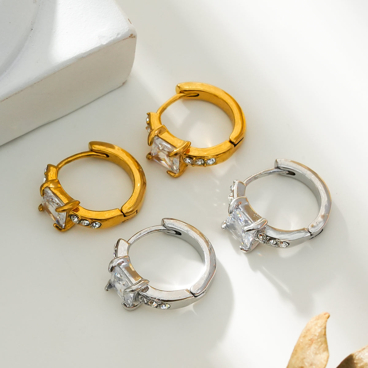 ASTORIA White Gold (Silver Toned): Mini Hoop Gold Earrings Embedded with Zirconia Gemstones