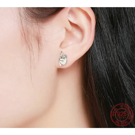 Adorable Sloth Stud Earrings In Sterling Silver - Cute Animal Jewelry