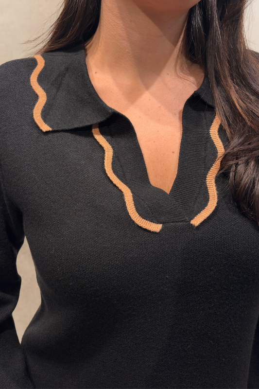 Alice Black Knit Dress Polo Shirt Collar Piping Neckline Relaxed Fit