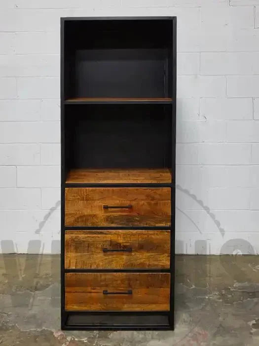 Armoire 3 tiroirs bois de manguier et structure d'acier noir