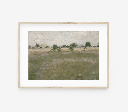 Vintage Landscape Painting - Muted Green Field Trees L245