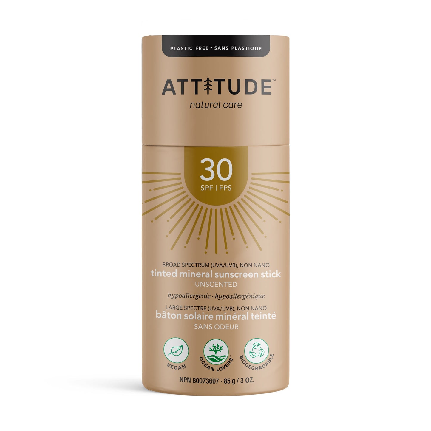 Attitude SPF30 Tinted Sunscreen Stick Unscented, 30g