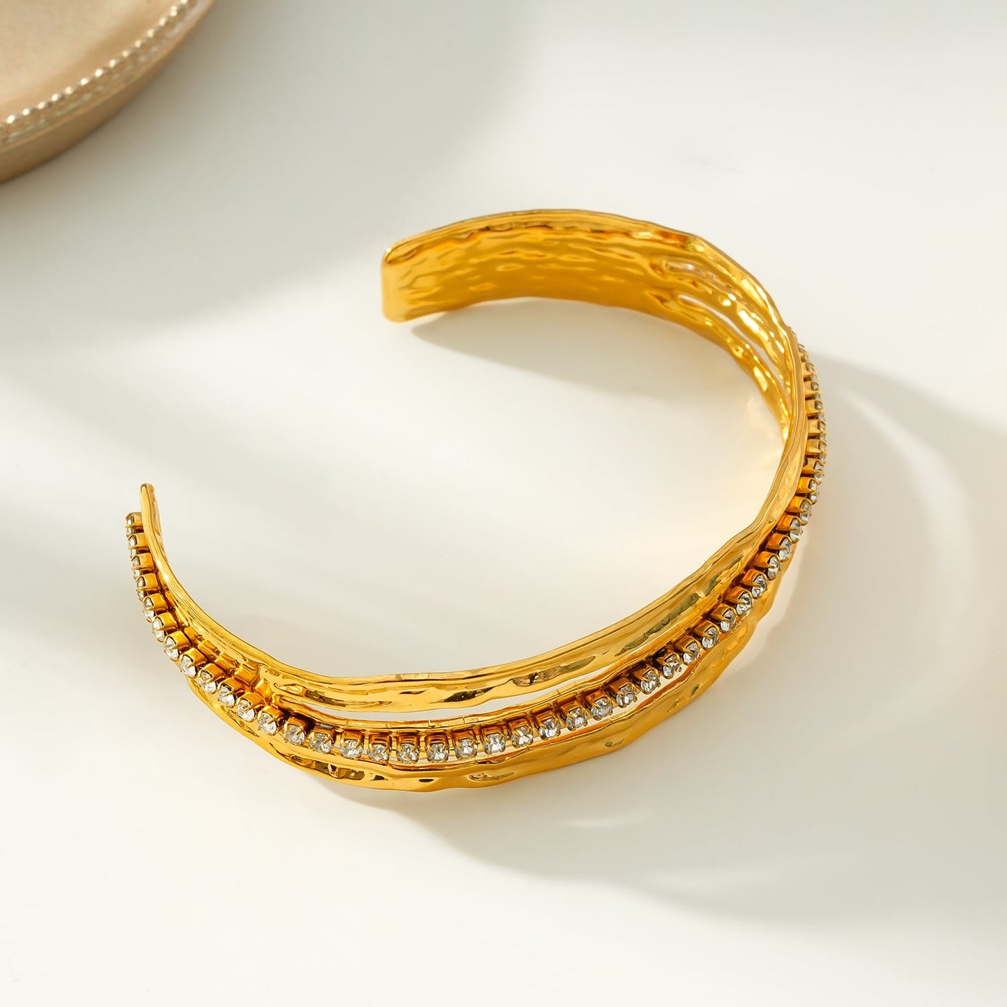 BELLINA Gold: Triple Stacked Textured Bracelet Zirconia (CZ) Embedded Tennis Bracelet at Centre. Stacked for Glamour.