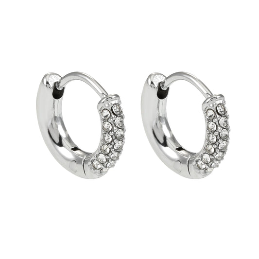 BISHO Silver (White Gold): Sparkling Rows of Pavé Zirconia on Classic Mini Hoop Earrings
