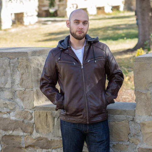 BOL Men's Hooded Snap Collar Leather Jacket