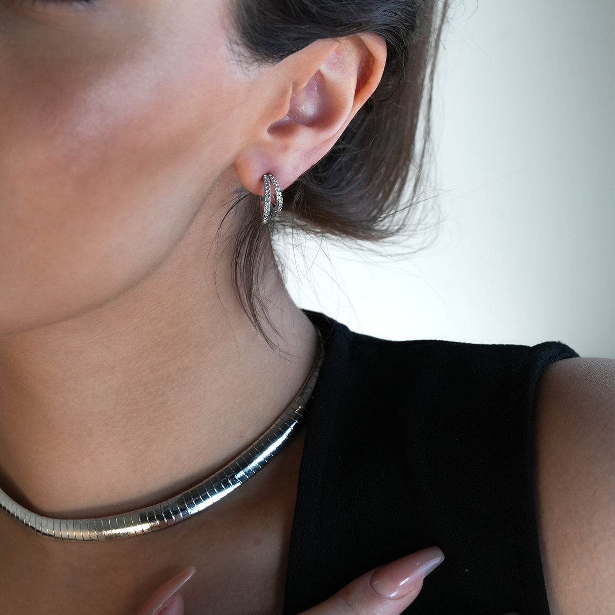 BOTEGA: Double Banded Pavé Zirconia (CZ) Gemstones Embedded Hoop Earrings in Silver