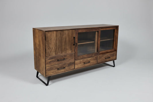 Buffet Arezzo en bois de manguier portes coulissantes vitrées