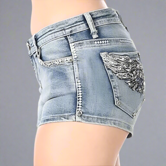 Bus Stop Women's Rhinestone Angel Wing Denim Shorts