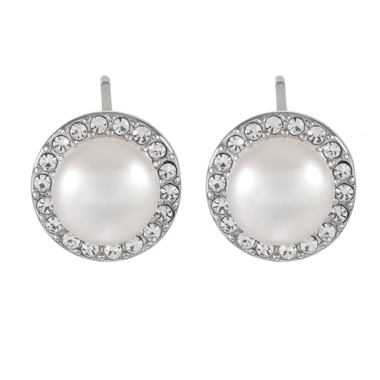 CADDA Silver (White Gold): Mini Stud Earrings with Freshwater Pearl & Pavé Zirconia Border