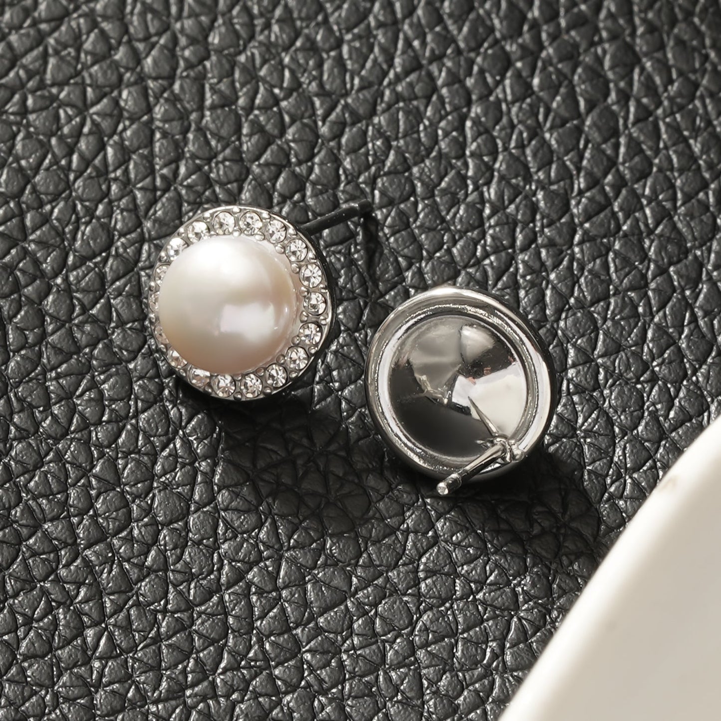 CADDA Silver (White Gold): Mini Stud Earrings with Freshwater Pearl & Pavé Zirconia Border