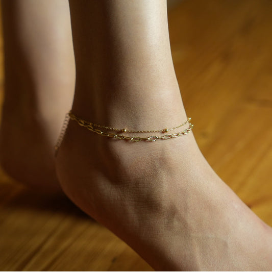 Style CASTILIA LG: Dazzle in Duality - Stacked Paper Clip Chain & Beaded Chain Anklet