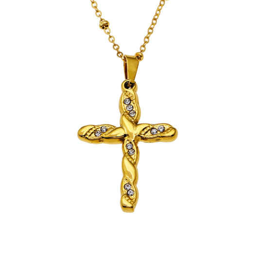 CHAMONIX Gold: Dainty Beaded Chain Necklace with a Zirconia Embedded Textured Cross Pandent