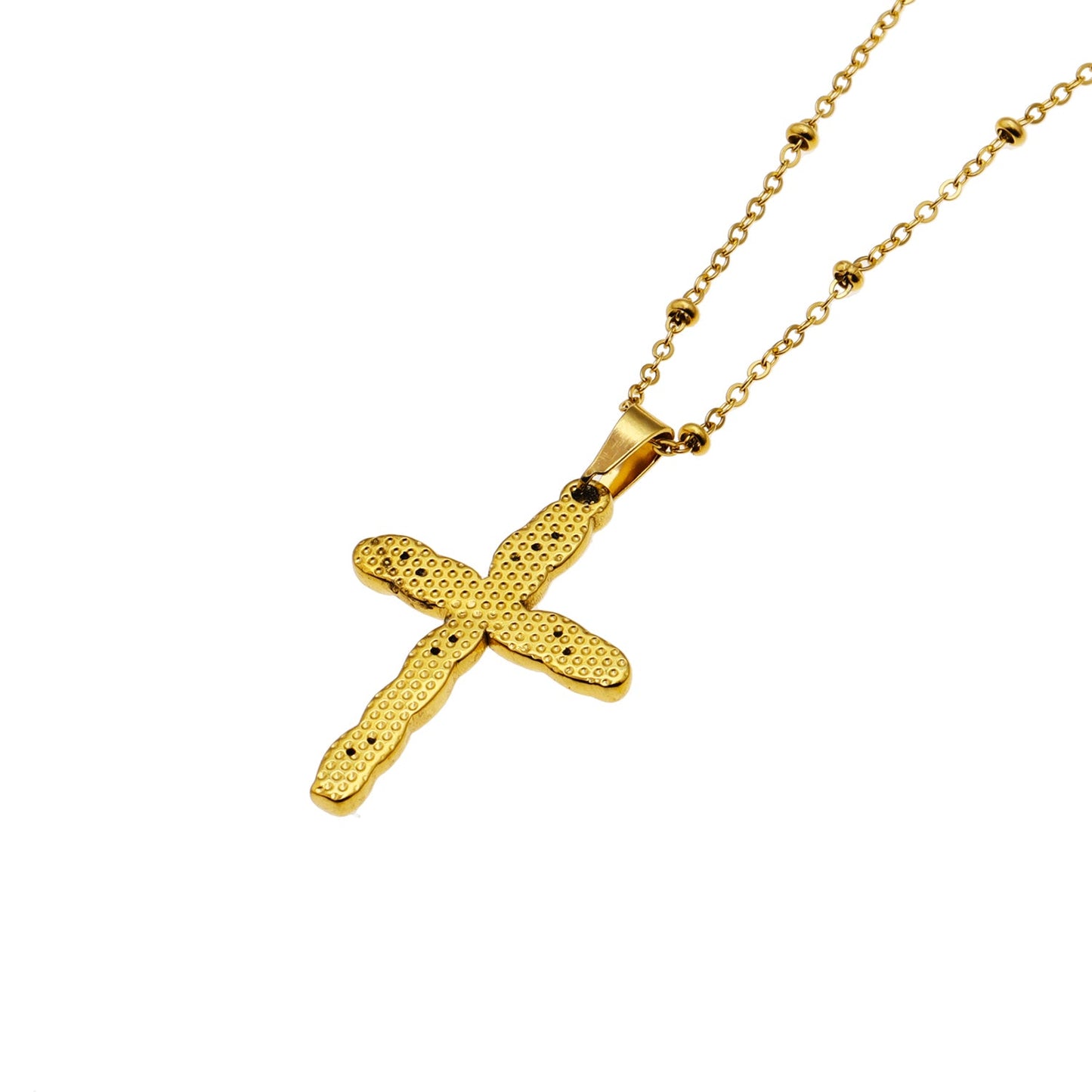 CHAMONIX Gold: Dainty Beaded Chain Necklace with a Zirconia Embedded Textured Cross Pandent