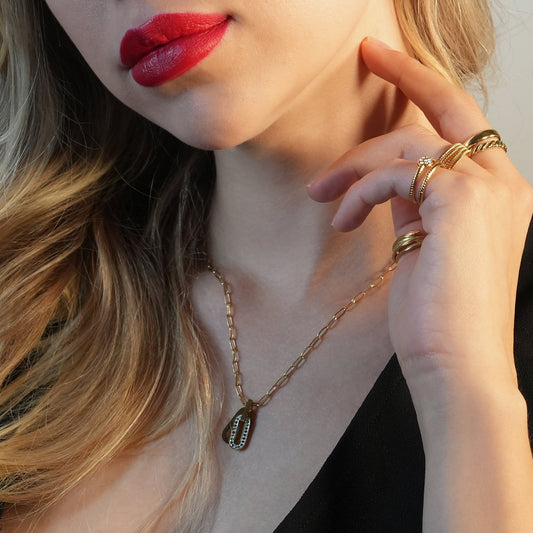 CHICALA: Zirconia-Embedded Oval Shaped Charms Pendant on Paper-Clip Chain Necklace